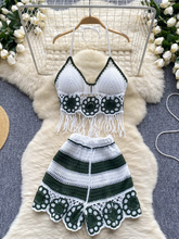 BXOXO 2025 Beach Suits Sexy Two Pieces Set Women Fashion Halter Tassel Tank Top + Elastic Wide Legs Hollow Out Casual Shorts Female